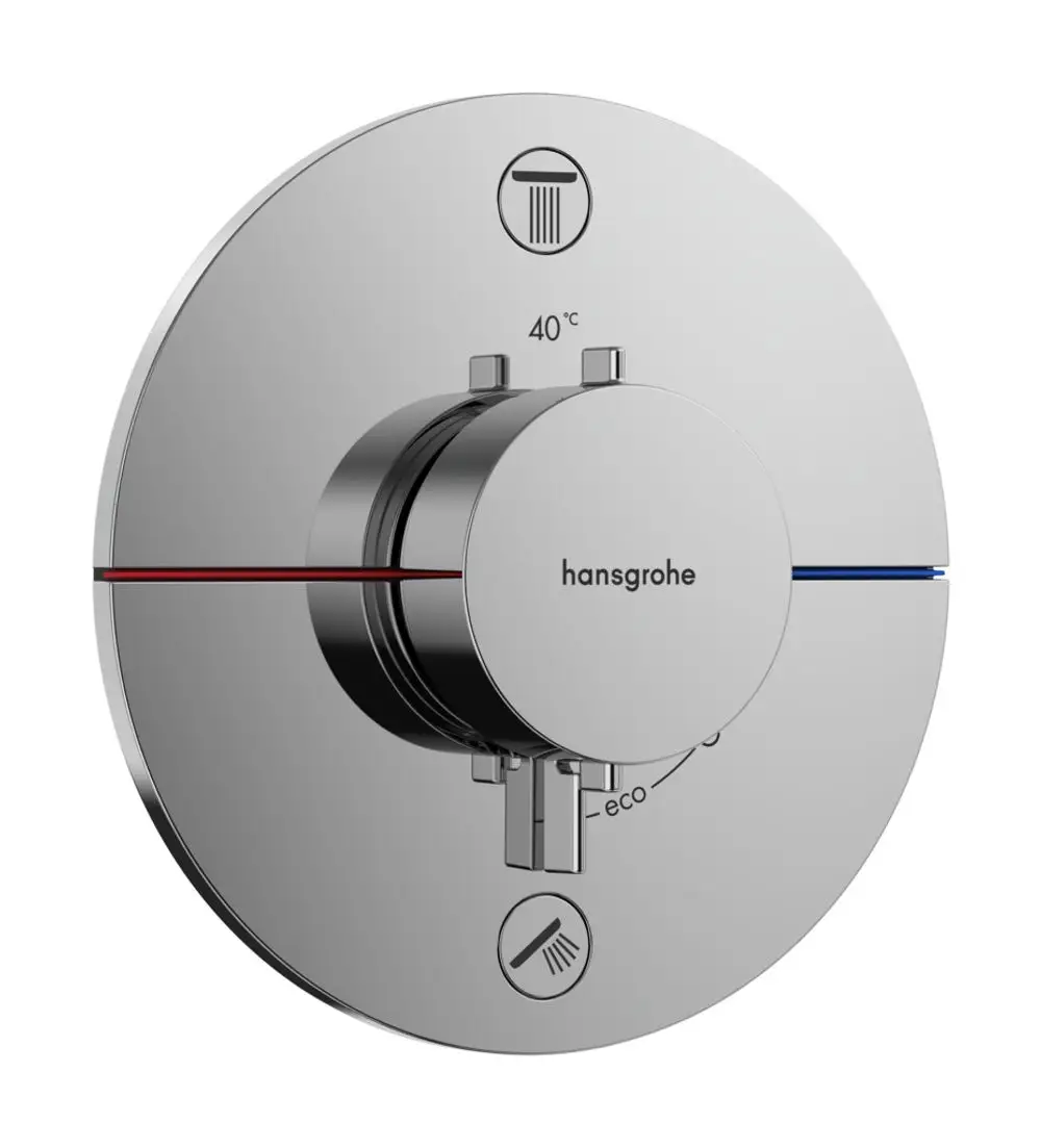 Thermostatischer Mischregler für Dusche mit rot-blauer Temperaturmarkierung, Marke Hansgrohe. Enthält Eco-Funktion und zwei Verbraucheranschlüsse.
